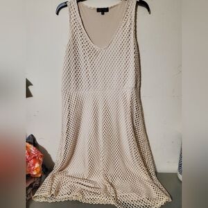 Y2K Cream Crochet Fishnet Dress Lined Boho Open Weave Large